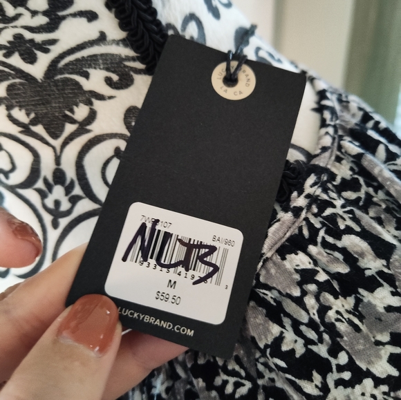 NWT Lucky Brand Black & White Boho Longsleeve Keyhole Blouse - Picture 7 of 7